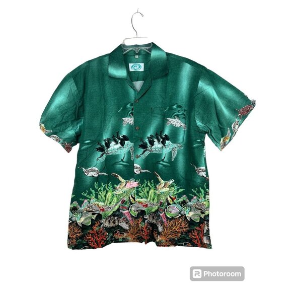 Men Graphic Coral Reef Shirt Button Front XL Tropical Fish Hawaiian 100% Cotton - Picture 1 of 11